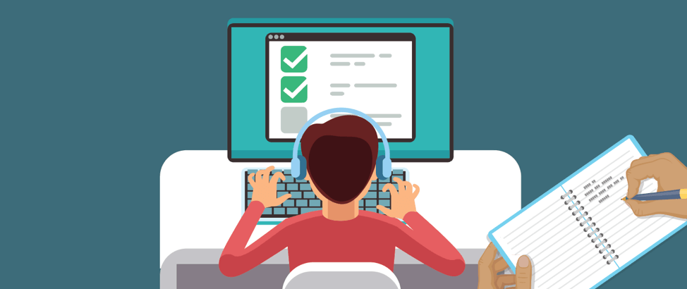 Illustration of a person with a disability participating in a usability test while a ux research is observing and taking notes.