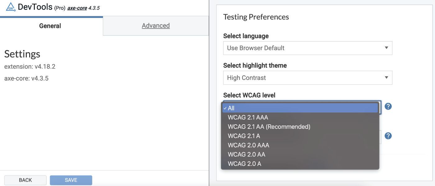 axeDevTools extension 4.18 release Select WCAG level light mode