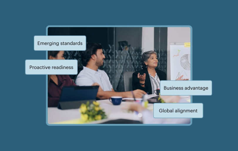 A group of folks together in a meeting in active discussion, surrounded by the words Emerging standards, Global alignment and Proactive readiness.