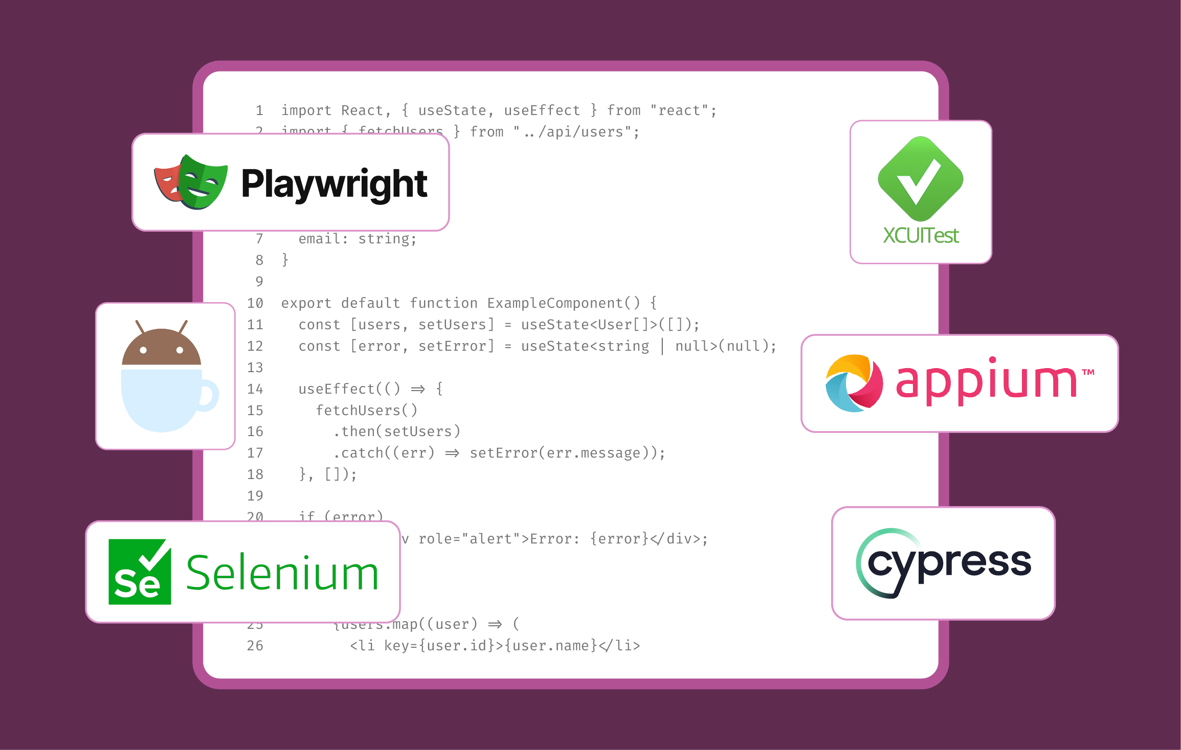 code screen with logos in pop out boxes for XCUITest, Appium, Cypress, Selenium, Espresso, Playwright