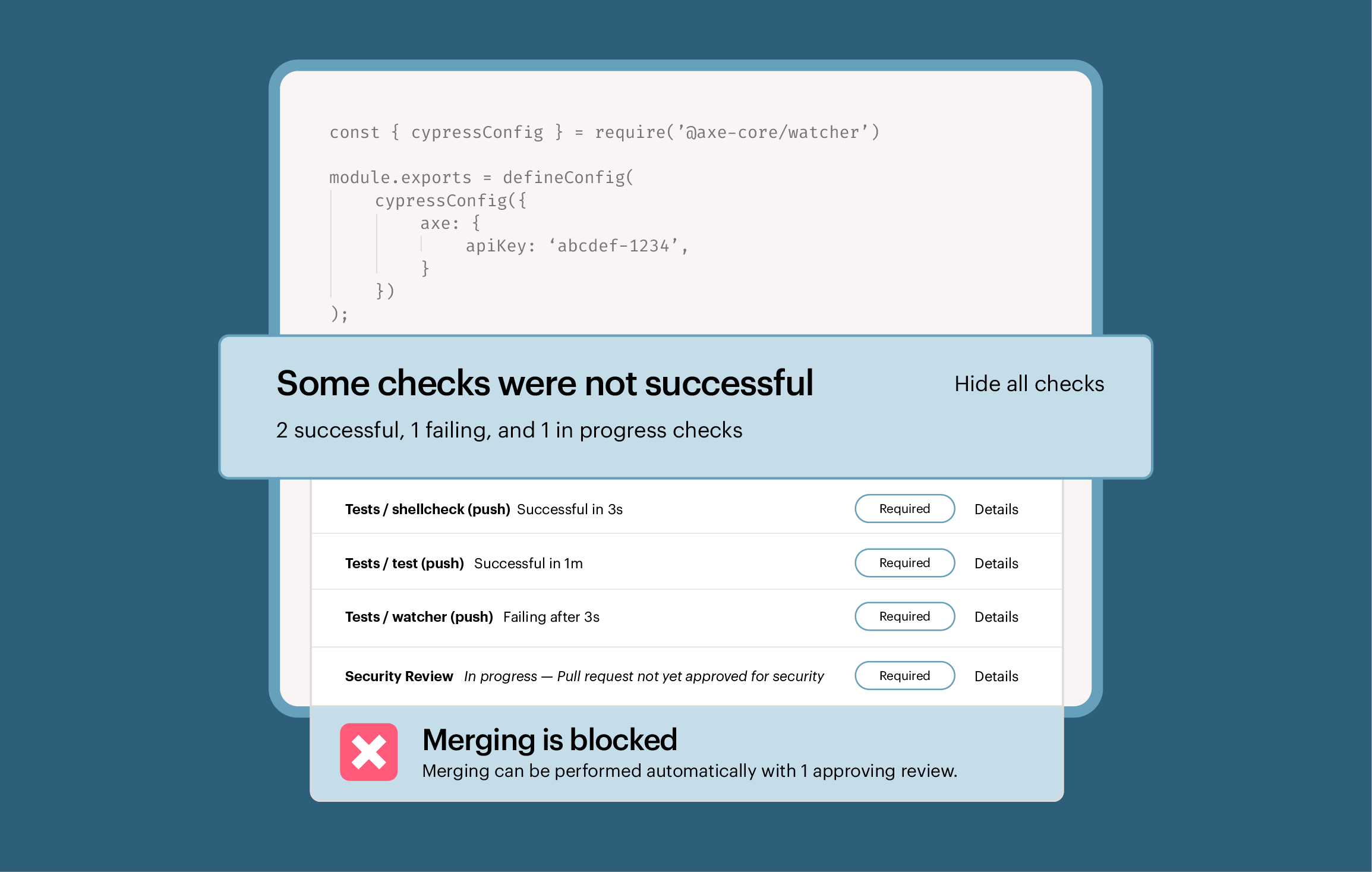 code screen with pop out window that shows that merging was blocked because some accessibility checks weren't successful