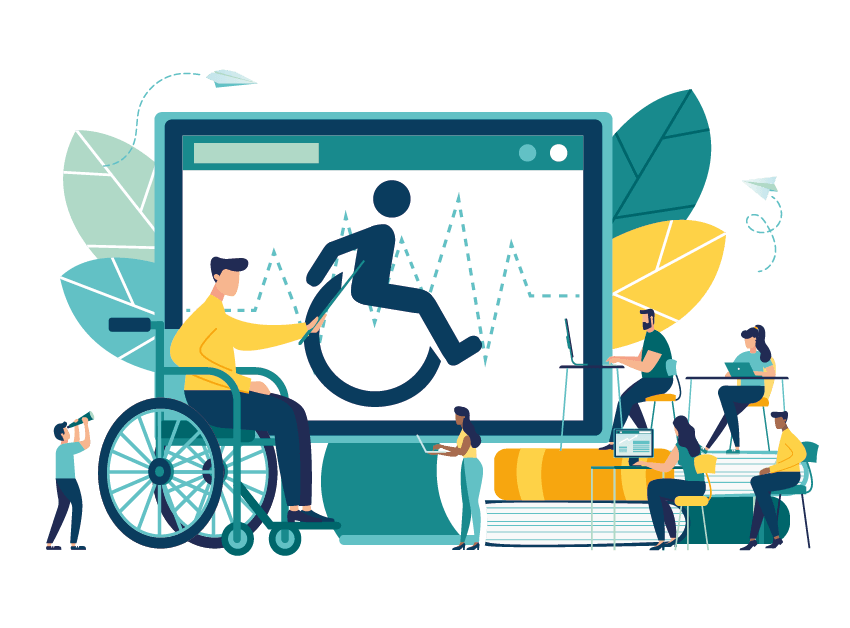 A wheelchair user at the front of a class with students looking at a large screen