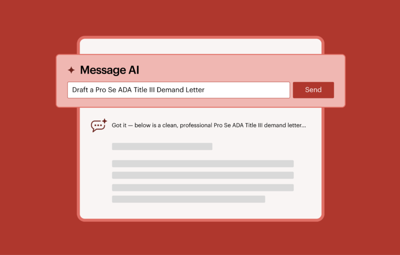 Illustration of a ChatGPT-like window with a sample prompt which reads Draft a Pro Se ADA Title III Demand Letter
