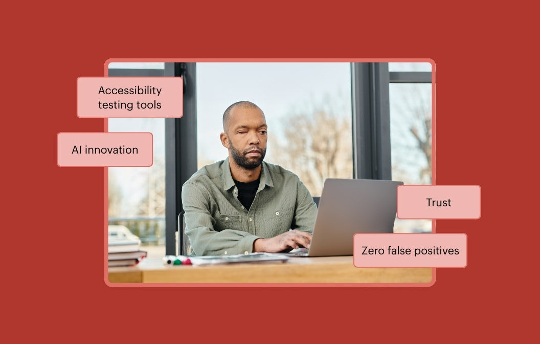 Developer working at a laptop. The callout text reads Accessibility testing tools, AI innovation, Trust, and Zero false positives.