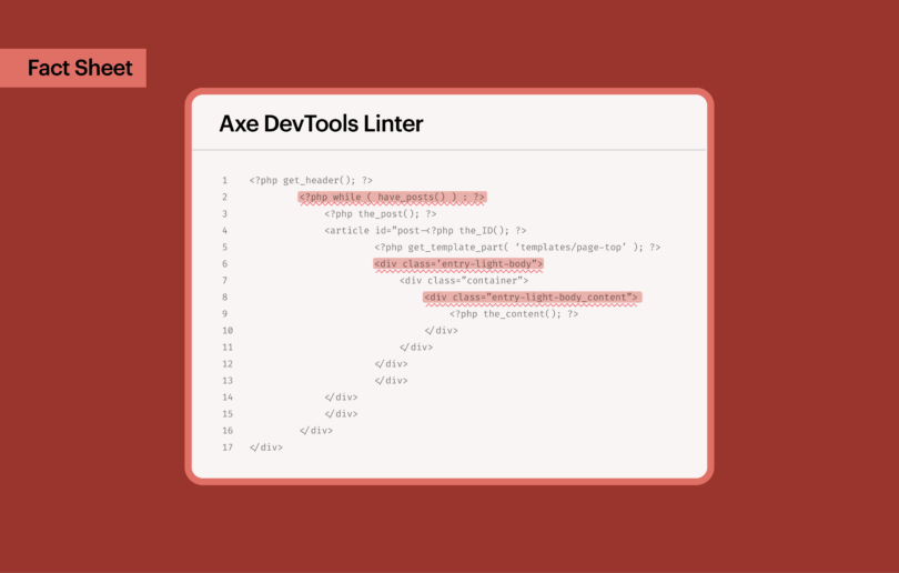 Axe DevTools Linter highlighting accessibility issues directly within code in a development editor with a callout that reads Fact Sheet.